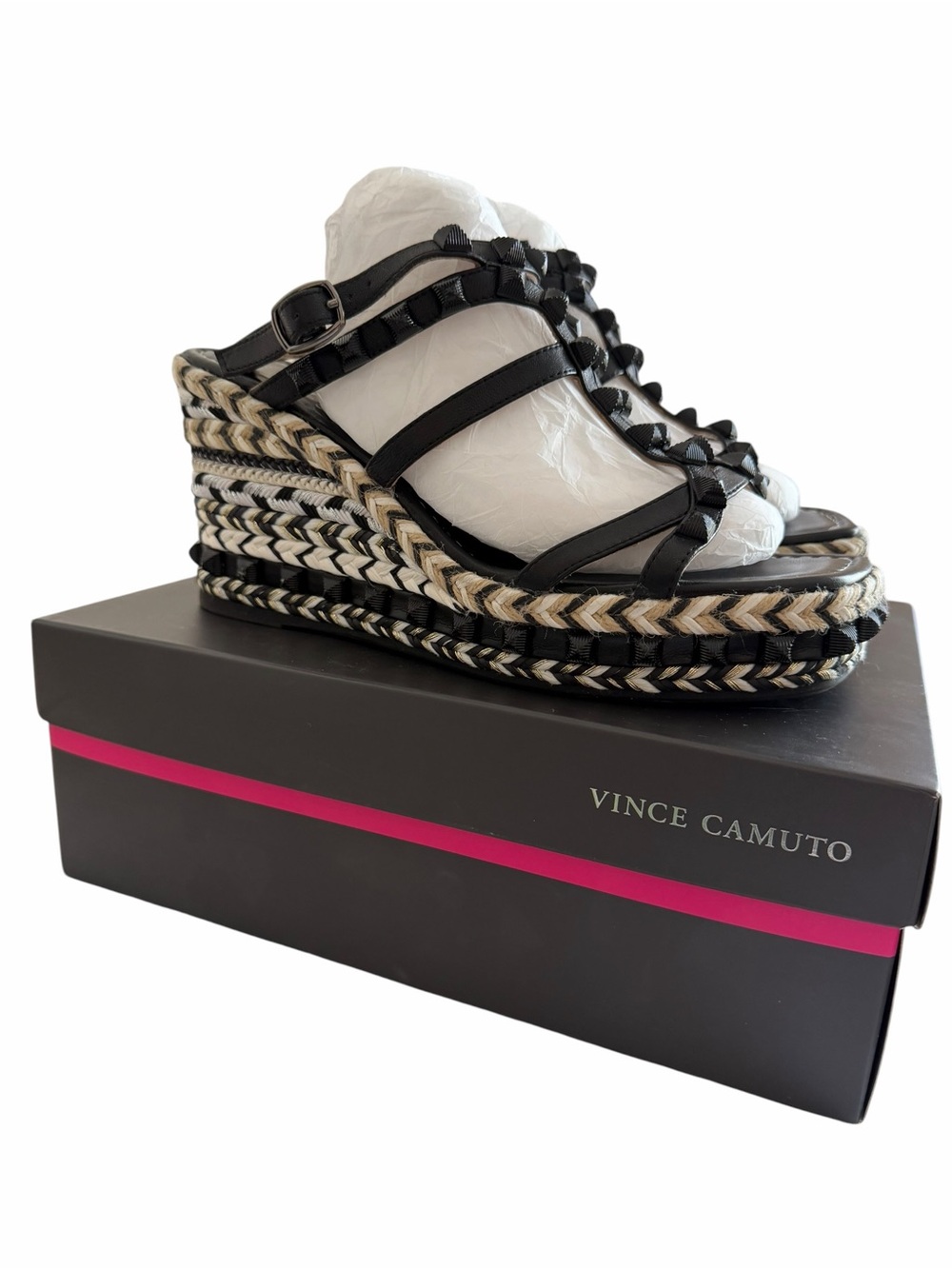 Vince Camuto Black Braided Espadrille Wedge Sandals Ve- Azil Style